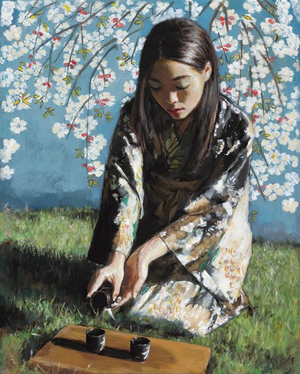 Geisha With White Flowers I by Fabian Perez - Embellished Limited Edition on Canvas